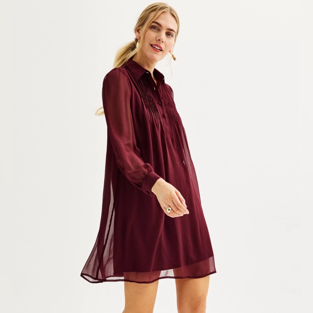 Nine West Burgundy Long Sleeve Pleated Yoke Dress